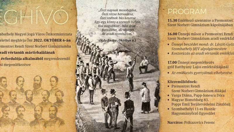 Az aradi vértanúk mártírhalálának  173. évfordulója alkalmából megrendezendő  városi megemlékezés